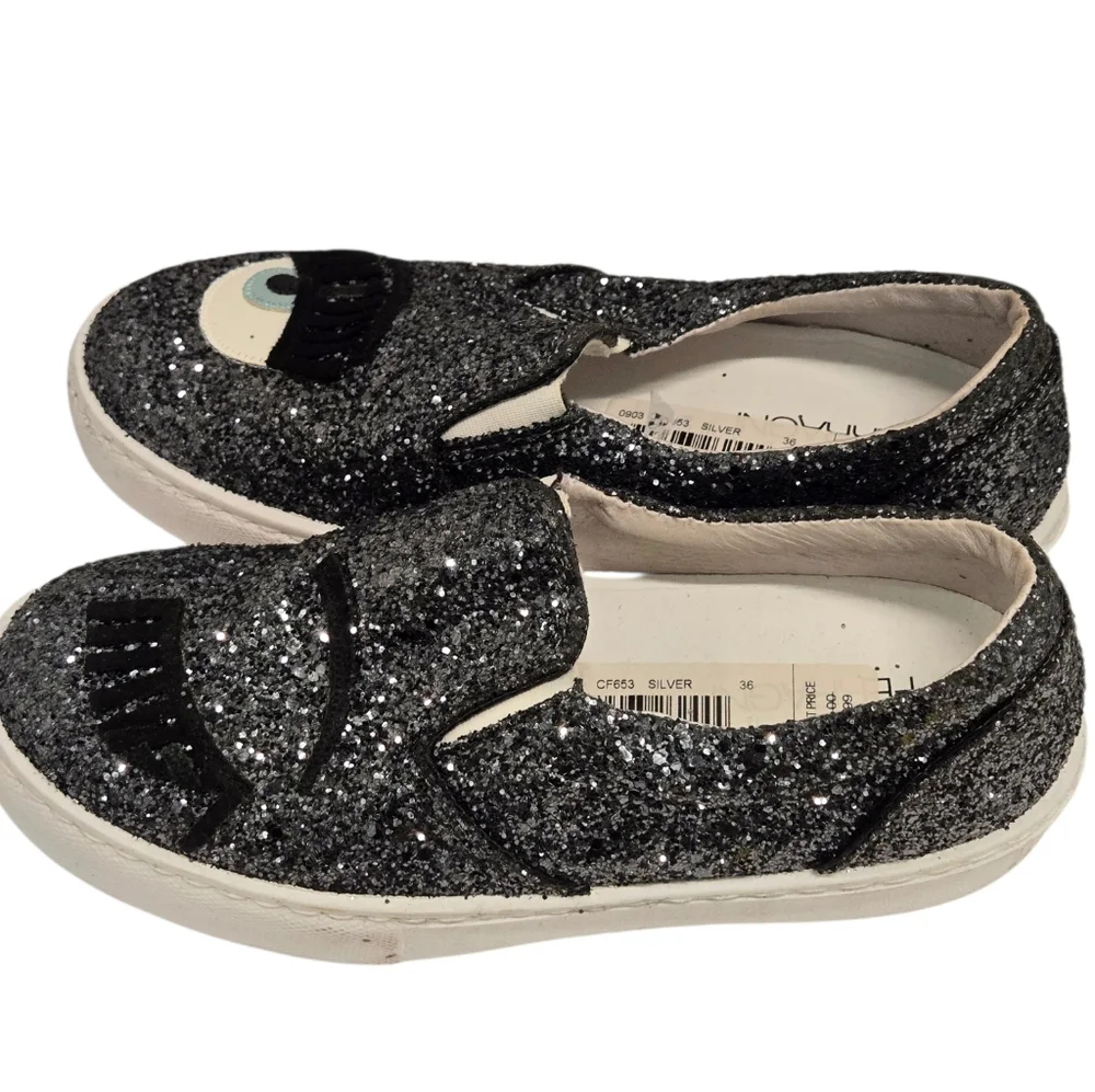 NEW‎ Chiara FerragniDark Grey Glitter Flirting Wink Eye Leather Sneakers SZ 36